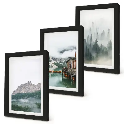 3-piece wall art set mountains, lake, and cottage in a foggy forest
