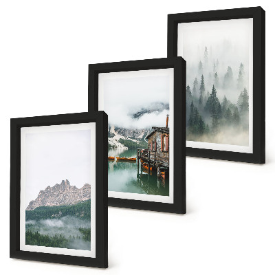 3-piece wall art set Mountains, lake, cottage and fog in the forest