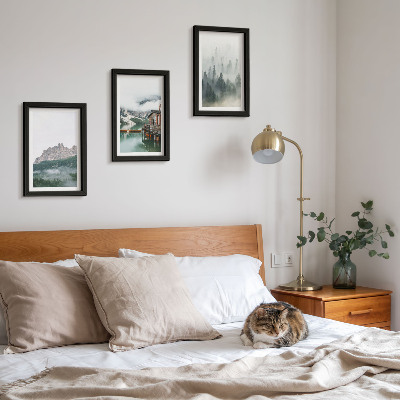 3-piece wall art set Mountains, lake, cottage and fog in the forest
