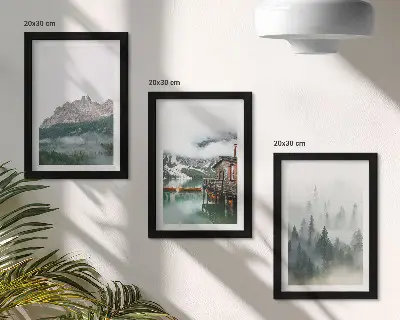3-piece wall art set mountains, lake, and cottage in a foggy forest