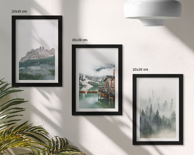 3-piece wall art set Mountains, lake, cottage and fog in the forest