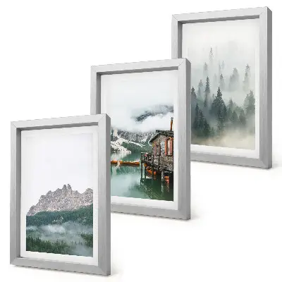 3-piece wall art set mountains, lake, and cottage in a foggy forest
