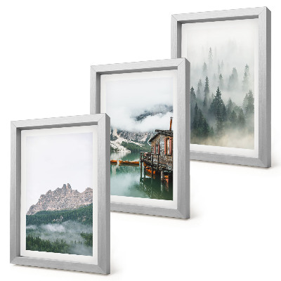 3-piece wall art set Mountains, lake, cottage and fog in the forest