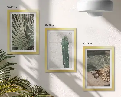 Photo frame wall with tropical plants and holiday accessories