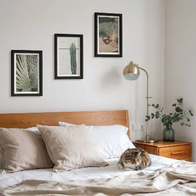 Photo frame wall with tropical plants and holiday accessories
