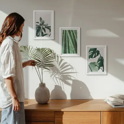3-piece wall art set featuring bamboo stems and monstera leaves