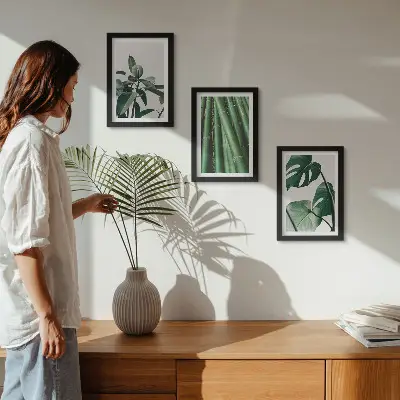3-piece wall art set featuring bamboo stems and monstera leaves