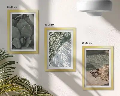 Photo frame wall with tropical plants and summer holiday accents