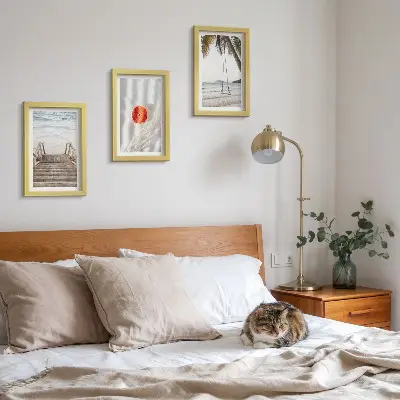 Framed triptych beach with wooden stairs and holiday atmosphere