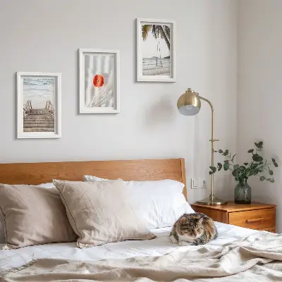 Framed triptych beach with wooden stairs and holiday atmosphere