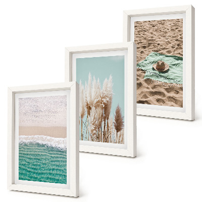 3-piece wall art set Beach, waves, grass, hat, sand, relaxation, nature