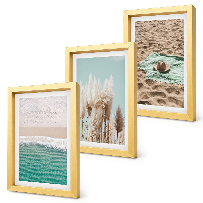 3-piece wall art set Beach, waves, grass, hat, sand, relaxation, nature