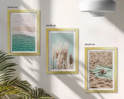 3-piece wall art set featuring a relaxing beach scene with waves grass a hat and sand