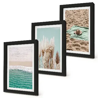 3-piece wall art set featuring a relaxing beach scene with waves grass a hat and sand
