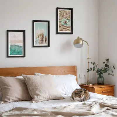 3-piece wall art set featuring a relaxing beach scene with waves grass a hat and sand