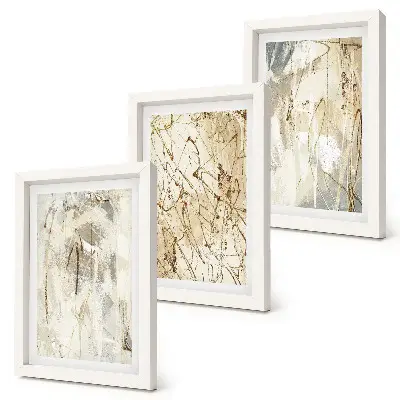 Abstract patterns triptych in shades of beige and gray, framed