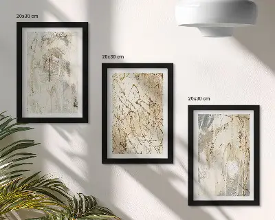 Abstract patterns triptych in shades of beige and gray, framed