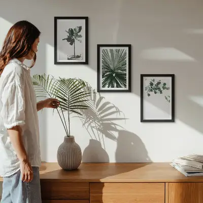 3-piece wall art set featuring green plants in a minimalist style