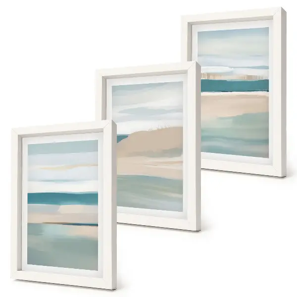 Abstract landscapes triptych in shades of blue and beige