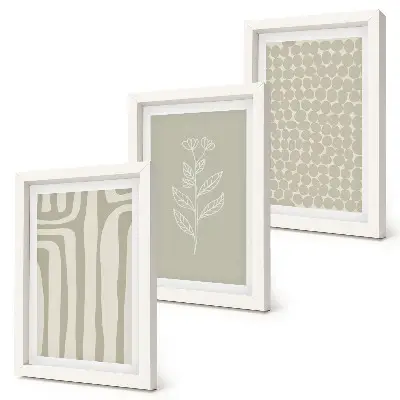 Photo frame wall with plant and geometric patterns in subdued colors