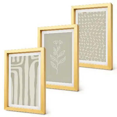 Photo frame wall with plant and geometric patterns in subdued colors