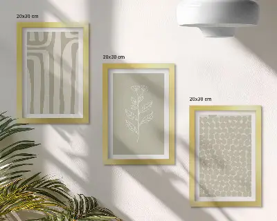 Photo frame wall with plant and geometric patterns in subdued colors