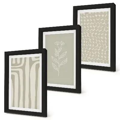 Photo frame wall with plant and geometric patterns in subdued colors