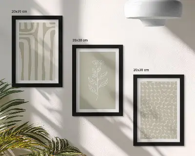 Photo frame wall with plant and geometric patterns in subdued colors