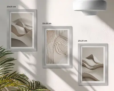 Abstract waves and structures in shades of beige framed triptych