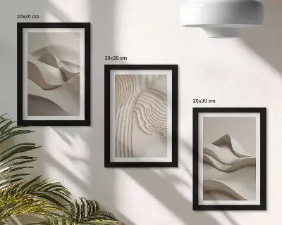 Abstract waves and structures in shades of beige framed triptych
