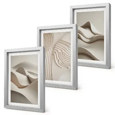 Abstract waves and structures in shades of beige framed triptych