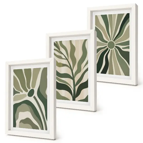 Photo frame wall with botanical patterns in green and beige shades