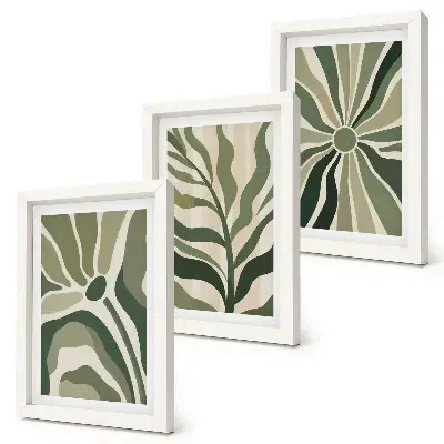 Photo frame wall with botanical patterns in green and beige shades