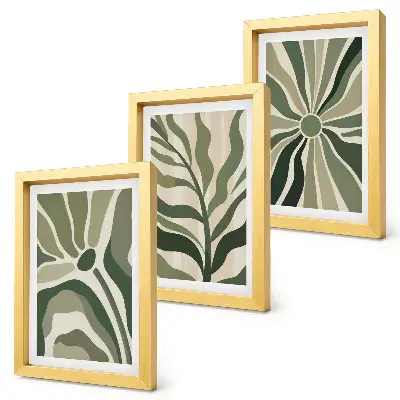 Photo frame wall with botanical patterns in green and beige shades