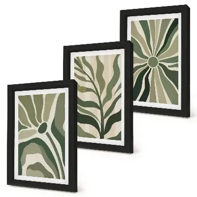 Photo frame wall with botanical patterns in green and beige shades