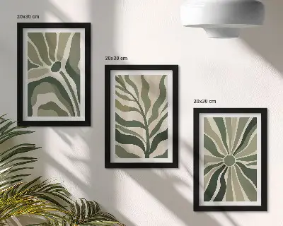 Photo frame wall with botanical patterns in green and beige shades
