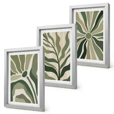 Photo frame wall with botanical patterns in green and beige shades