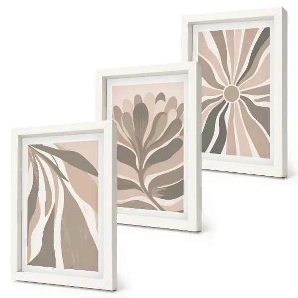 Abstract plant patterns framed triptych in shades of beige and brown