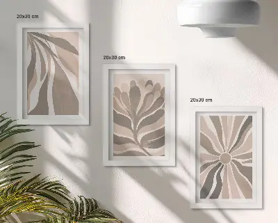 Abstract plant patterns framed triptych in shades of beige and brown