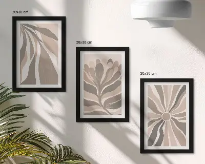 Abstract plant patterns framed triptych in shades of beige and brown