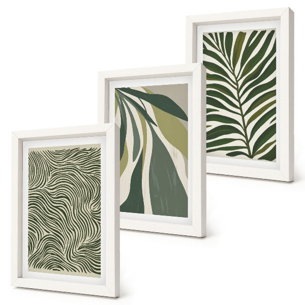 Photo frame wall Leaf patterns and wavy lines in shades of green