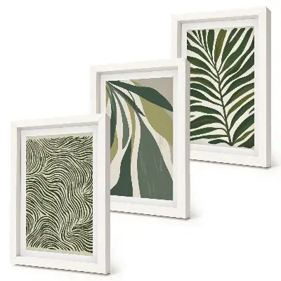 Photo frame wall with leaf patterns and wavy lines in green shades