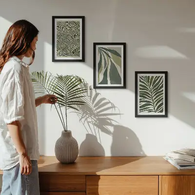 Photo frame wall with leaf patterns and wavy lines in green shades