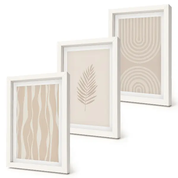 Framed triptych with botanical patterns in shades of beige