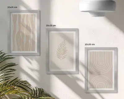 Framed triptych with botanical patterns in shades of beige