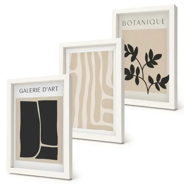 Photo frame gallery wall set with abstract shapes and plant motifs in neutral tones