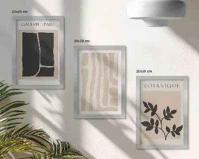 Photo frame gallery wall set with abstract shapes and plant motifs in neutral tones