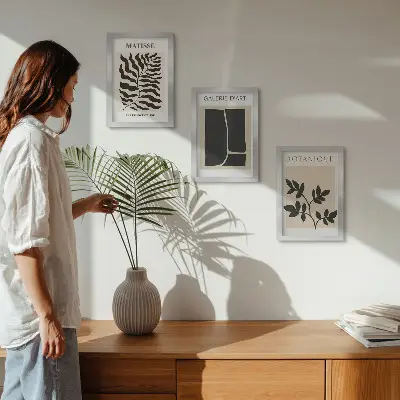 3-piece wall art set with minimalist plant and abstract patterns