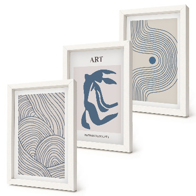 Framed triptych Abstract patterns of lines and shapes in shades of blue