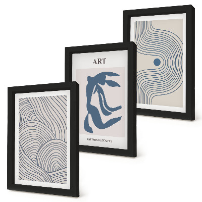 Framed triptych Abstract patterns of lines and shapes in shades of blue